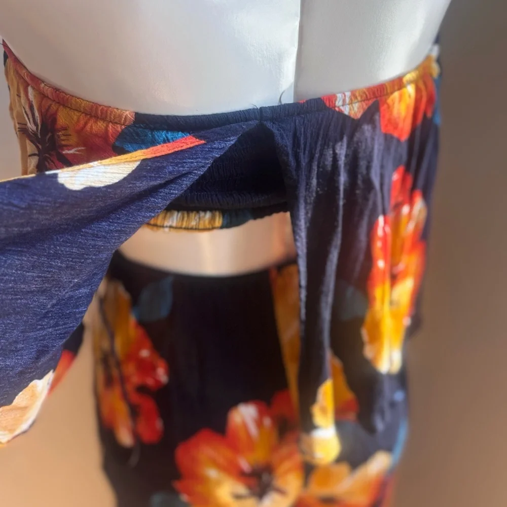 AKIRA Strapless Floral Jumpsuit - Navy and Orange - Picture 6 of 7
